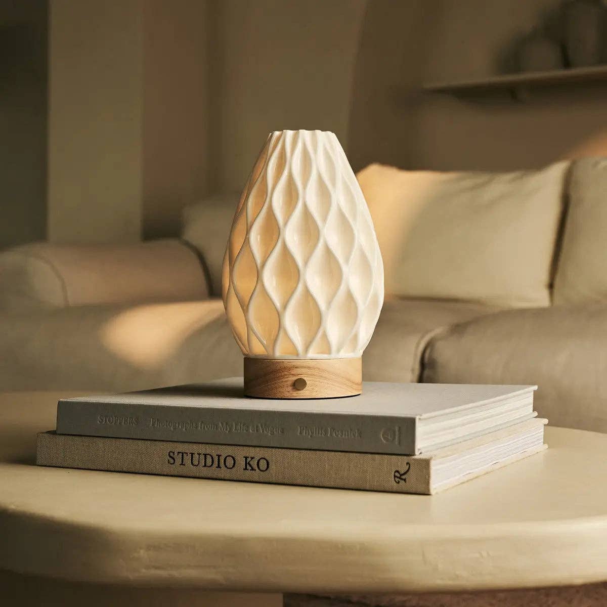 Tavellio - Wholesale Accent/Desk Lamp - Vela Light Brown Wooden Cordless Table Lamp | 3D-Printed Porcelain, Dimmable & Up to 100 Hours of Battery Life6