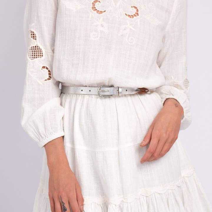 GISELLE SILVER BELT - SKINNY METALLIC GOLD BUCKLE for wholesale on Faire
