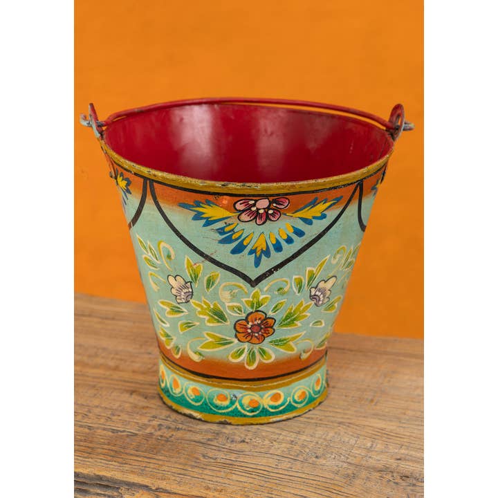 Namaste - Wholesale Bucket/pail - Vintage Iron Handpainted Bucket, Turquoise1