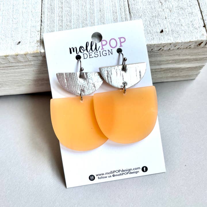 Orange Creamsicle Acrylic and Silver Half Circle Earrings for wholesale by molliPOP Design