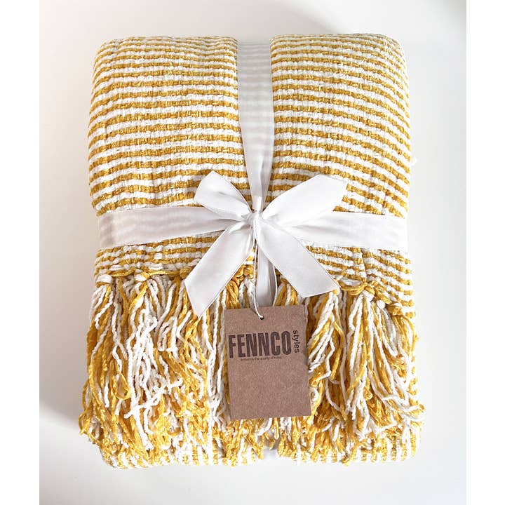 Fennco Styles - Wholesale Throw Blanket - Mustard Chenille Woven Striped 50"x60" Throw Blanket