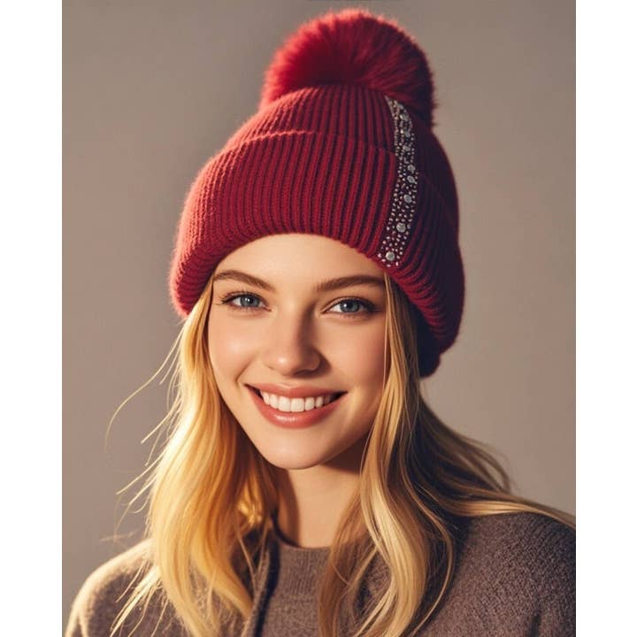 JC Sunny Fashion - Vente Bonnet – femme - Bonnet en tricot orné avec pompon1