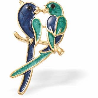 Sweet Pair of Parrots Brooch, Rhodium Plated for wholesale by Byzantium Collection Ltd