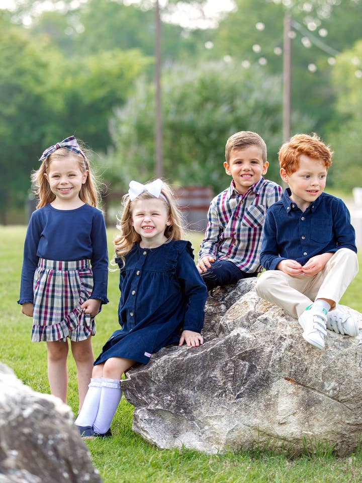 Navy Boys Rowan Plaid Long Sleeve Button Down Shirt for wholesale on Faire
