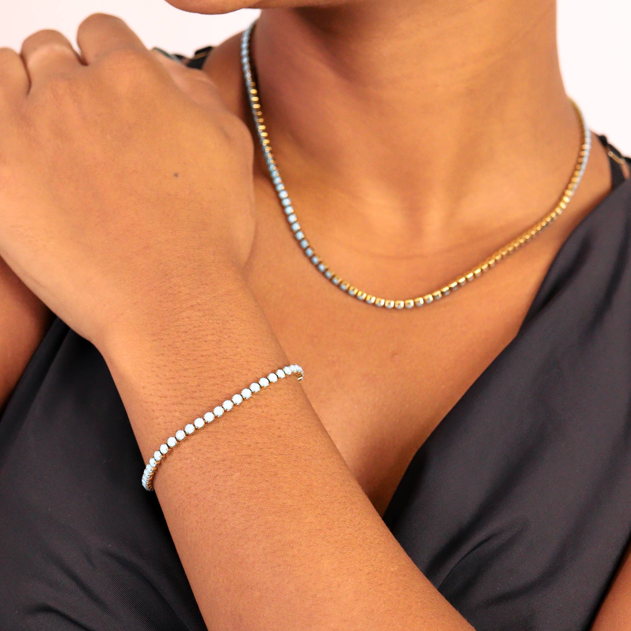 WJW - Wholesale Link & Chain Necklace - 18k Gold Turquoise Rhinestone Tennis Chain Necklace2