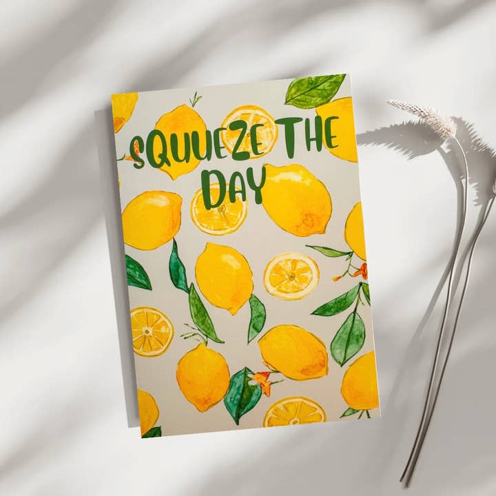 Squeeze the Day Lemon Watercolor Card – Citrus Pun for wholesale by Kubytovych Studio