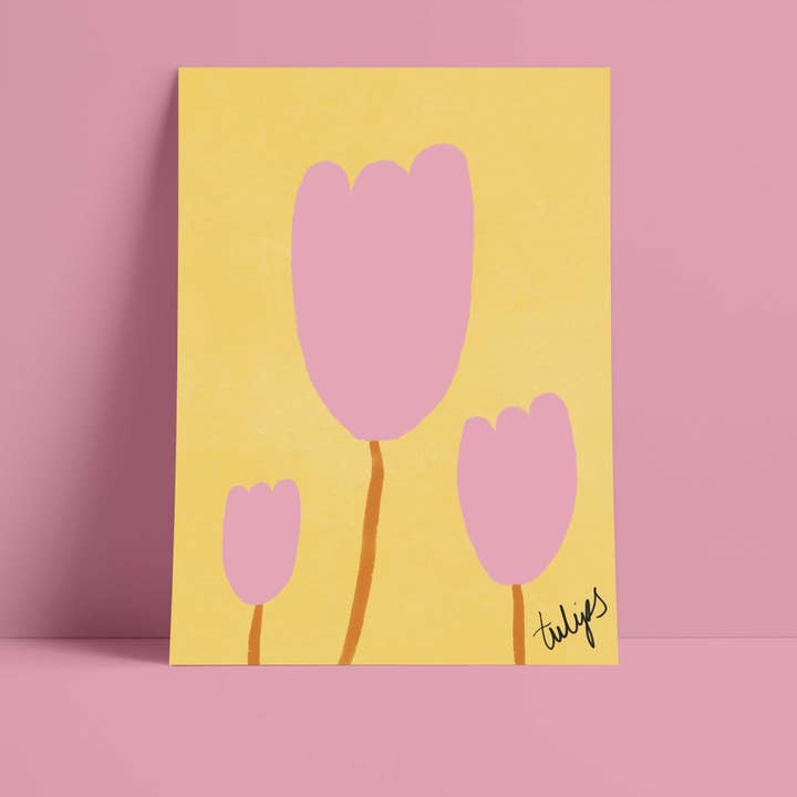 Impression de tulipes - Impression artistique rose et jaune pour la vente par Orla and the Gang