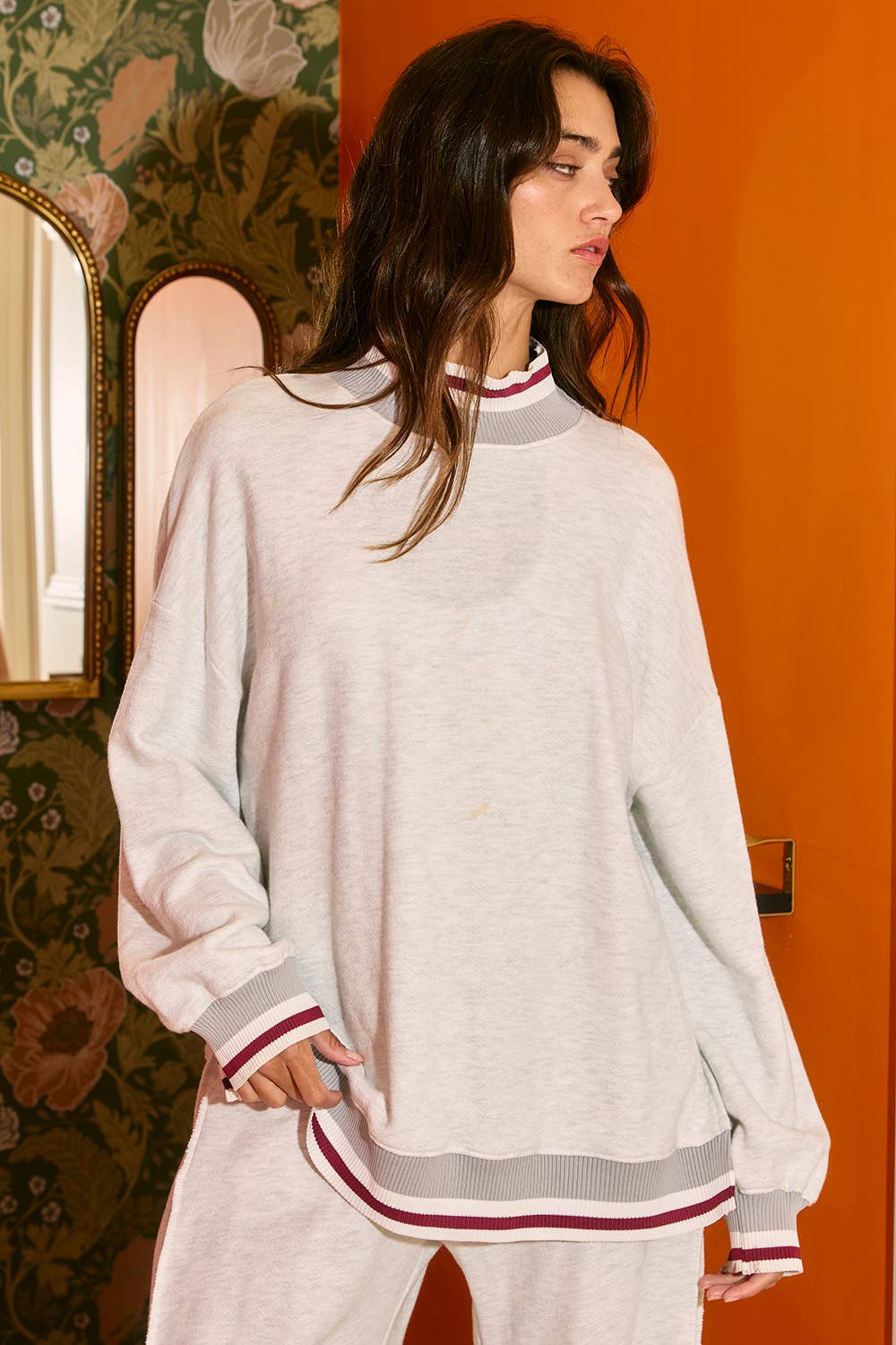 BUCKETLIST INC - Wholesale Sweatshirt - Women's - T2692 Striped Rib Band Details Mock Neck Sweatshirt Top2