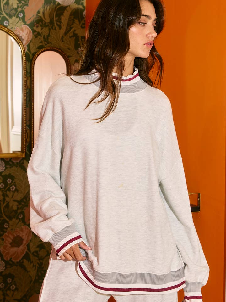 BUCKETLIST INC - Wholesale Sweatshirt - Women's - T2692 Striped Rib Band Details Mock Neck Sweatshirt Top2