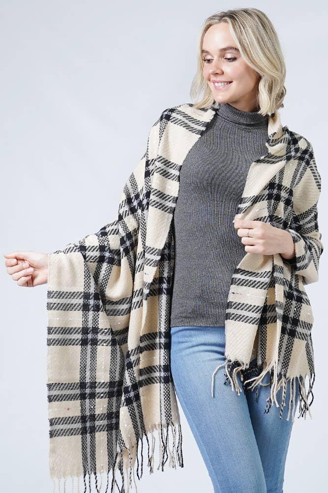 Hana - Vente Écharpe – femme - Écharpe à pampilles oblongues à carreaux1