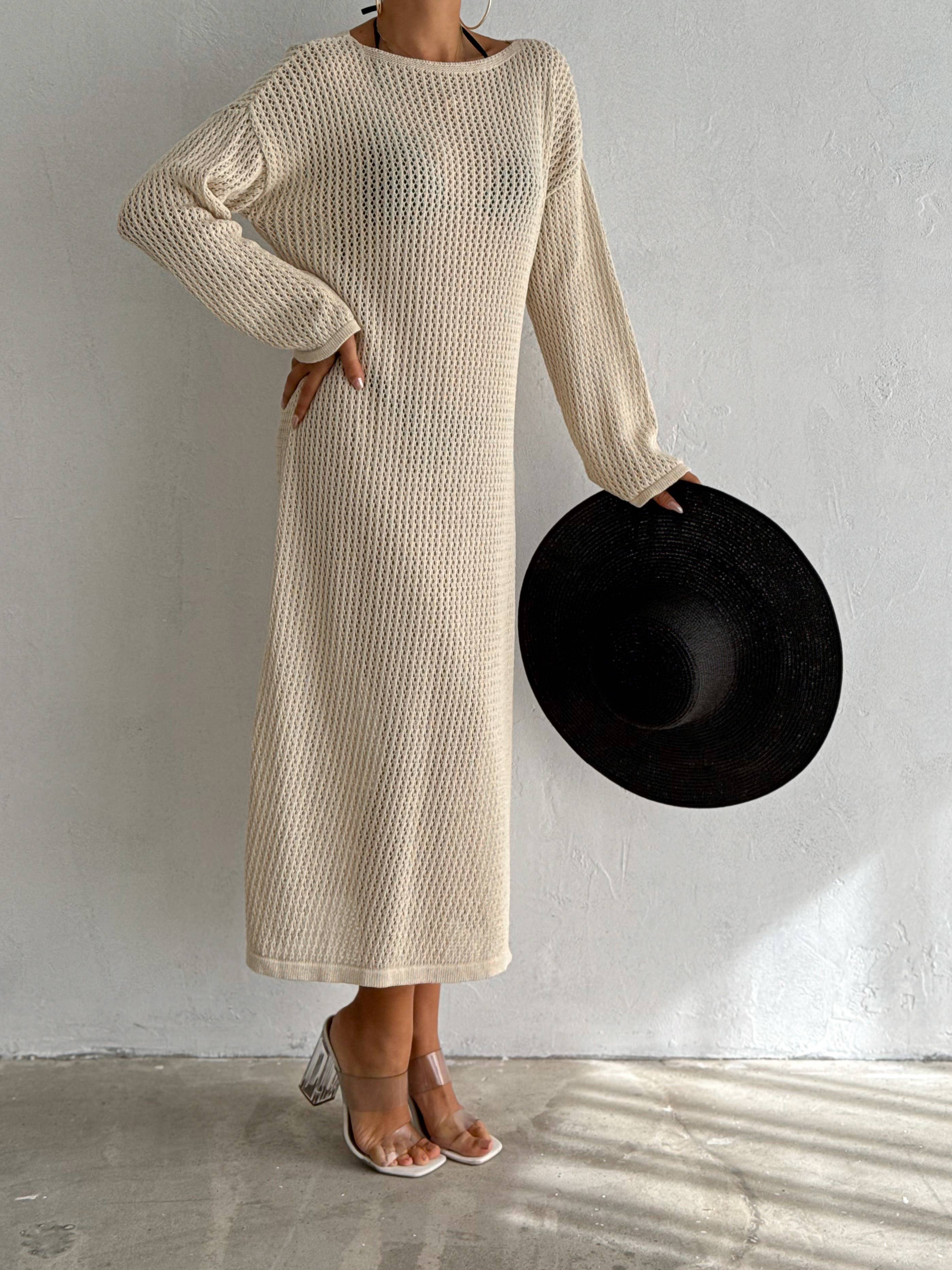 VAV NEW YORK - Wholesale Dress - Women's - Maxi Hallow Knit Dress Long Sleeve Cover-Up Open Knit Dress4