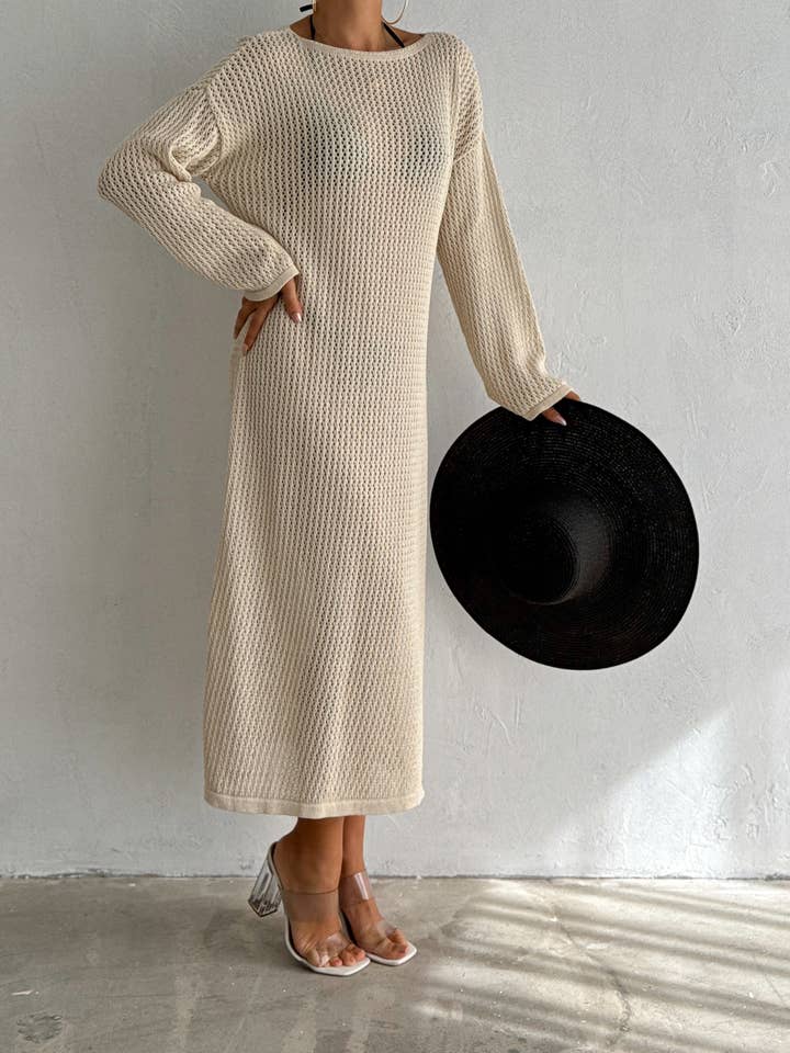 VAV NEW YORK - Wholesale Dress - Women's - Maxi Hallow Knit Dress Long Sleeve Cover-Up Open Knit Dress4