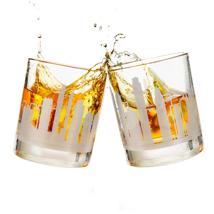 Philadelphia Etched Skyline Whiskey Glasses for wholesale by Greenline Goods