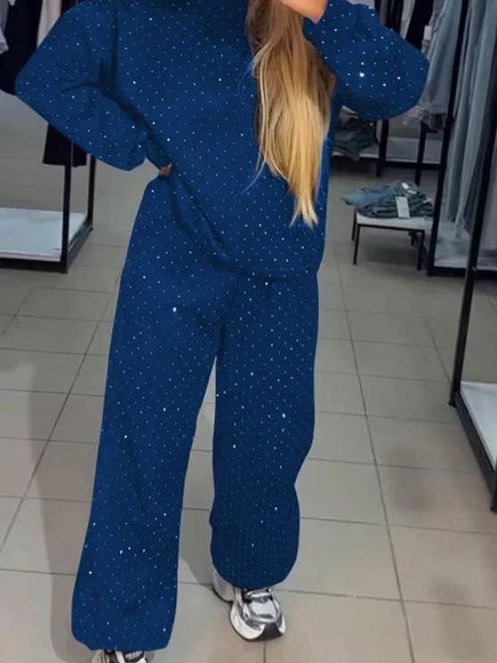 Rosa Clothing - Wholesale Top & Pant Set (NOT Loungewear) - Women's - Allover Rhinestone sweatshirt wide leg Leisure set3