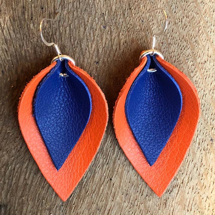 Katie - Double Layered Leather Leaf Shaped Earrings in Navy Blue and Orange for wholesale by Luna And Loki Design