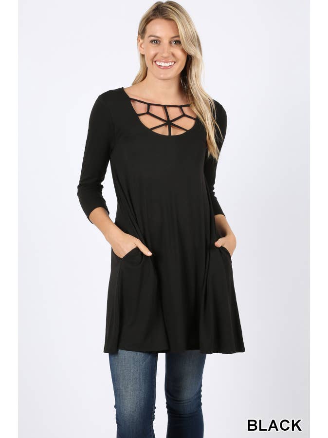 42POPS - Wholesale Tunic - Women's - ",..3/4 Sleeve Criss Cross Detail Pocket Tunic2