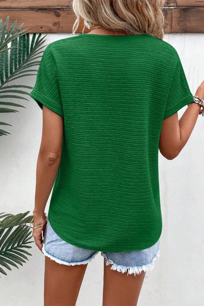 UNISHE - Venta al por mayor Jersey corto de punto - Mujer - Top de manga corta con cuello en V con textura lisa ZK158911