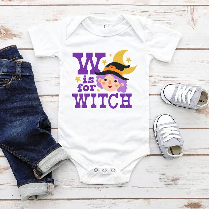 W is for Witch Long & Short Sleeve Baby Bodysuit for wholesale by Itsy Bitsy Bella Co
