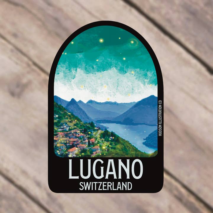 Lugano Schweiz Klistermærke/Magnet/Print/Postkort for engroshandel hos Hudson Illustration Co - About Town Co