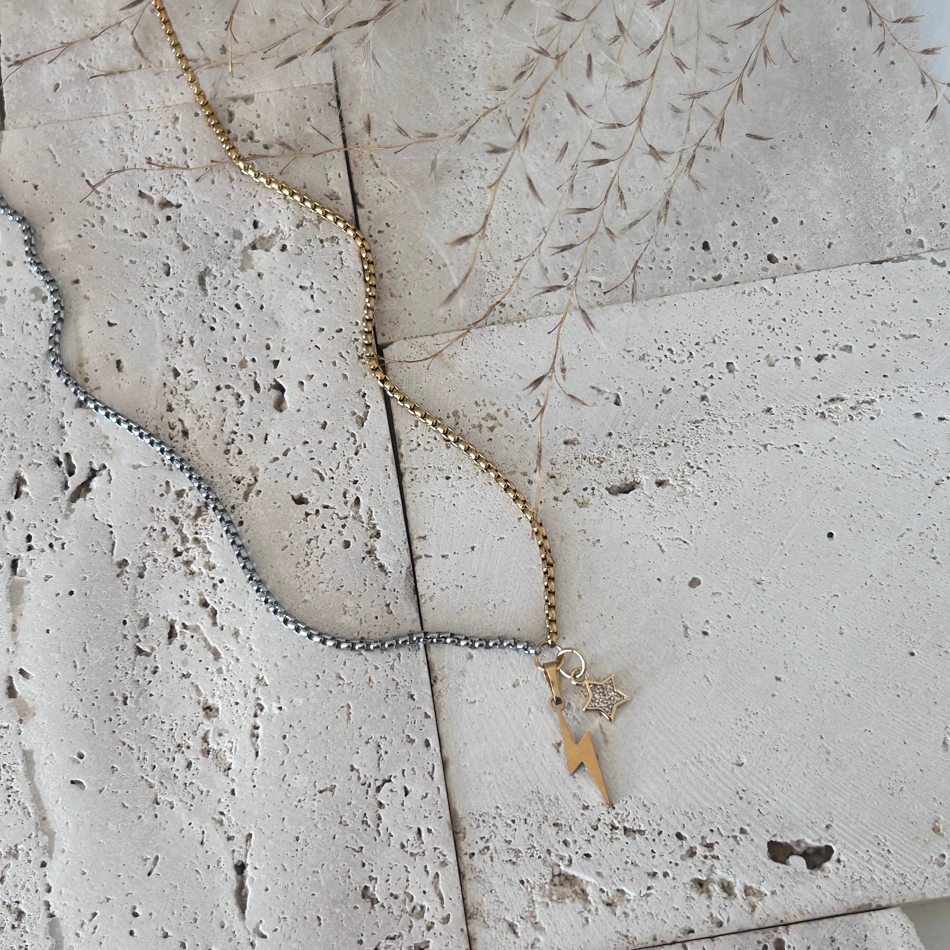Amady Jewelry - Wholesale Pendant/Charm Necklace - Thunder and star charm pendant necklace two tone silver gold3