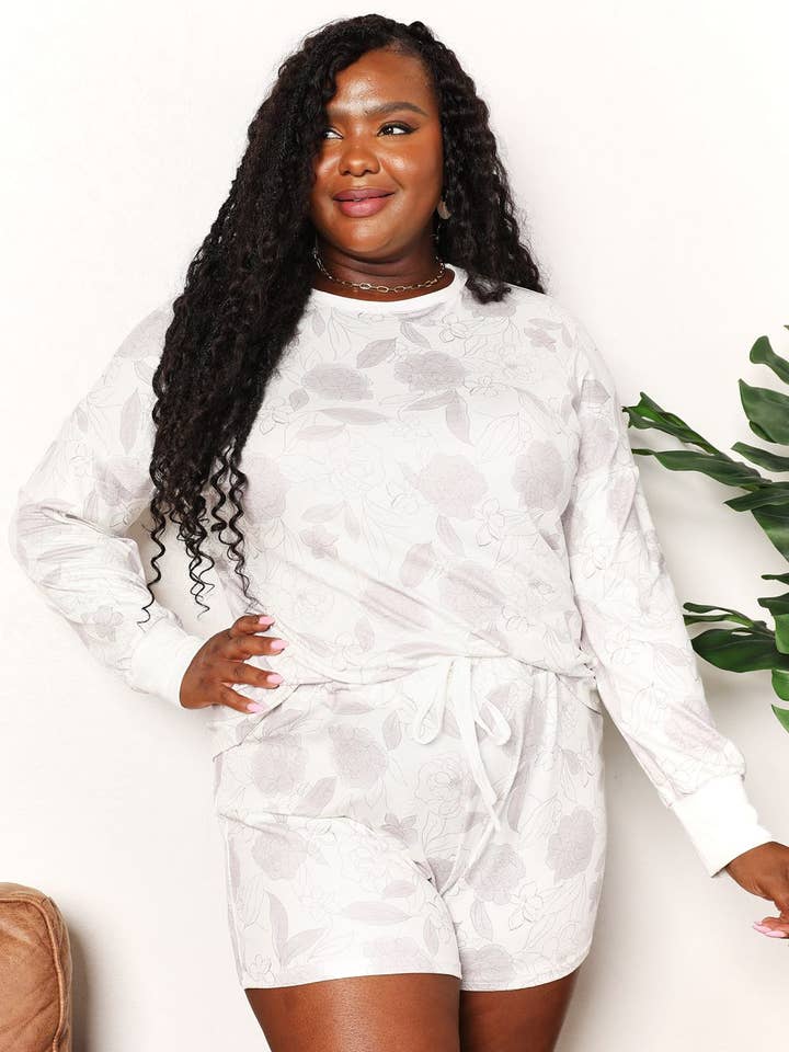 Double Take Floral Long Sleeve Top and Shorts Loungewear Set for wholesale by Salty Bloom