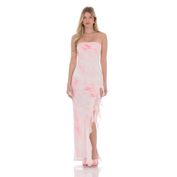 Vestido largo con abertura, volantes y estampado tie-dye de malla en blanco. para venta al por mayor de Lucy In The Sky