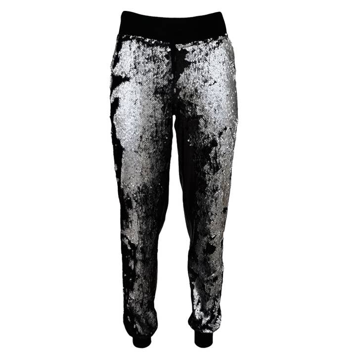Double-Sided Sequined Black Faux Leather Track Pants for wholesale by Lalipop Design