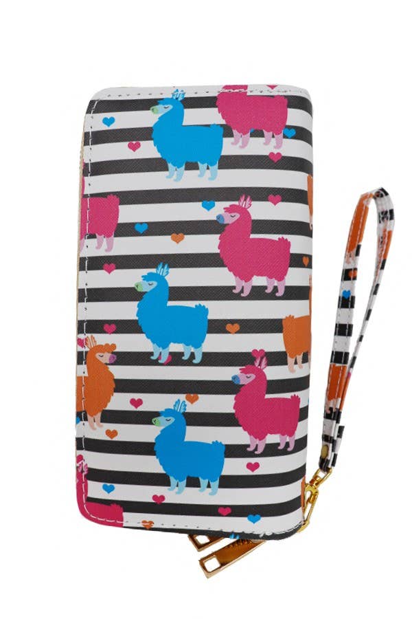Cap Zone - Wholesale Wallet - Women's - Colorful Stripe Llama Print Double Zipper Wristlet Wallet3