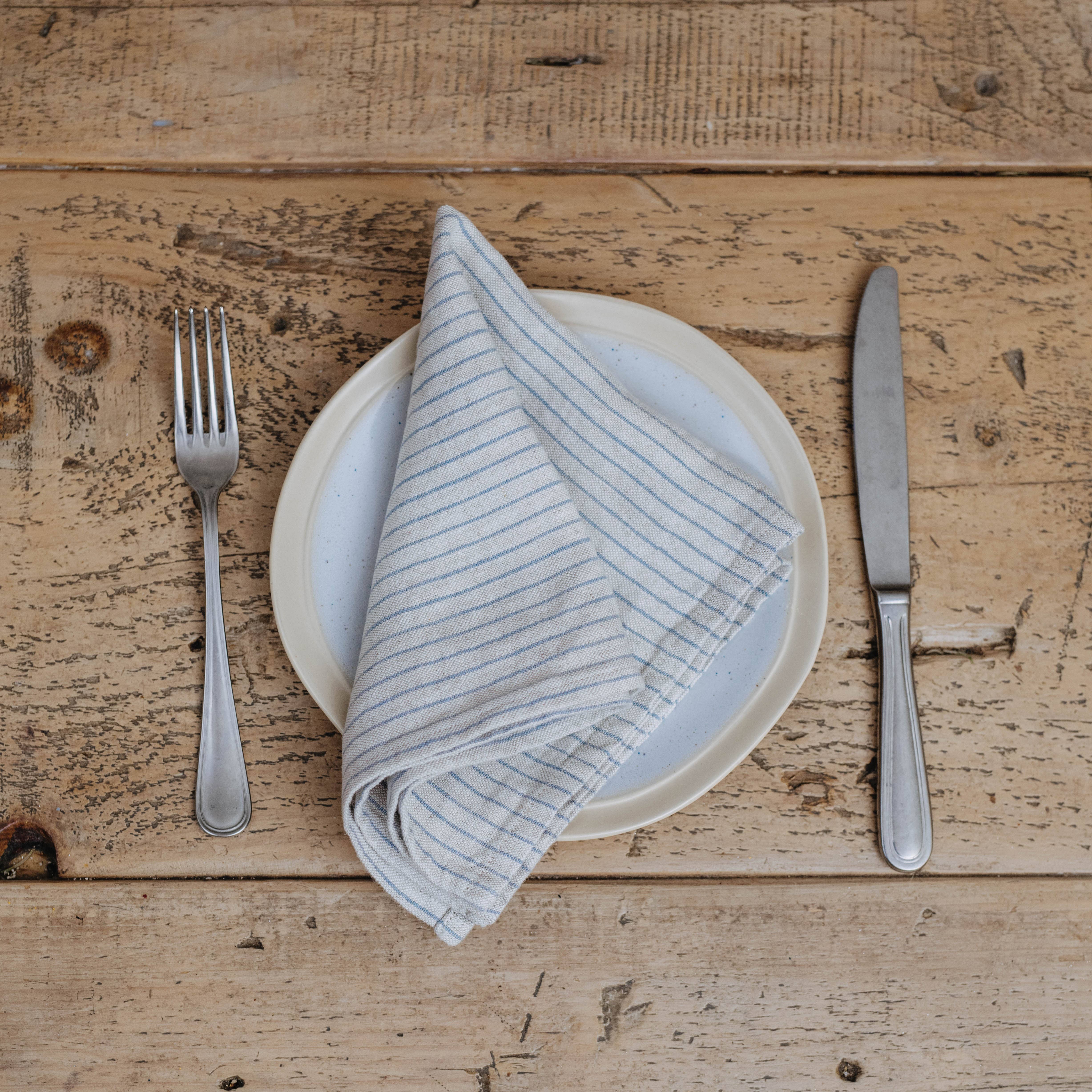 Linen Tales (We cover U.S. import duties) - Wholesale Dinner & Cloth Napkin - Grey Blue Pinstripe Rustic Linen Napkins Set of 22