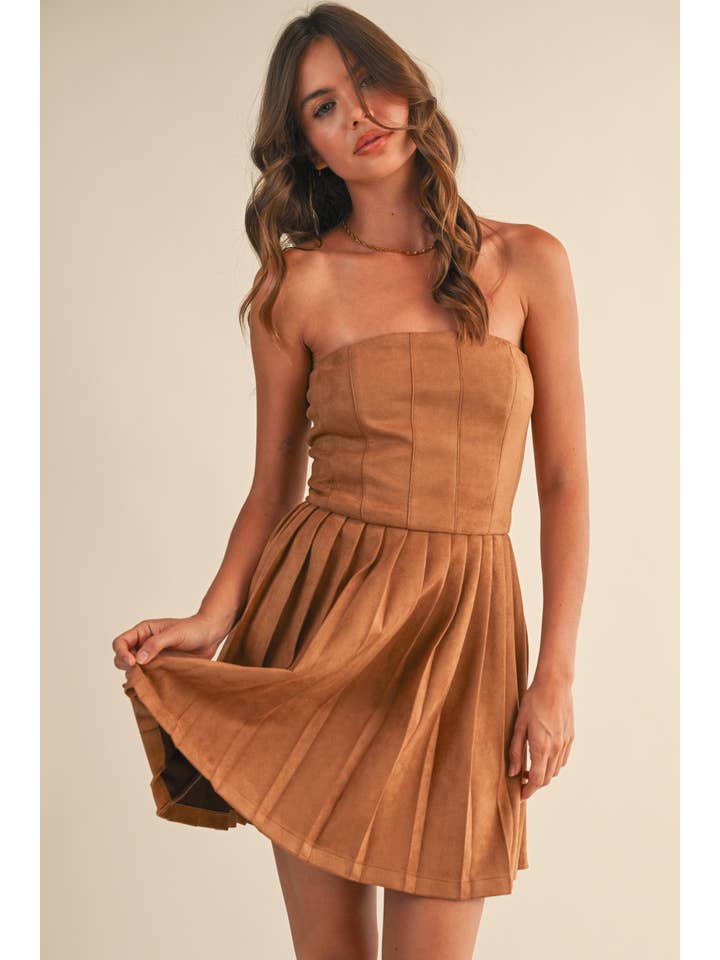 Klesis - Wholesale Dress - Women's - ID9415 SUEDE PLEATED SKIRT STRAPLES MINI DRESS18