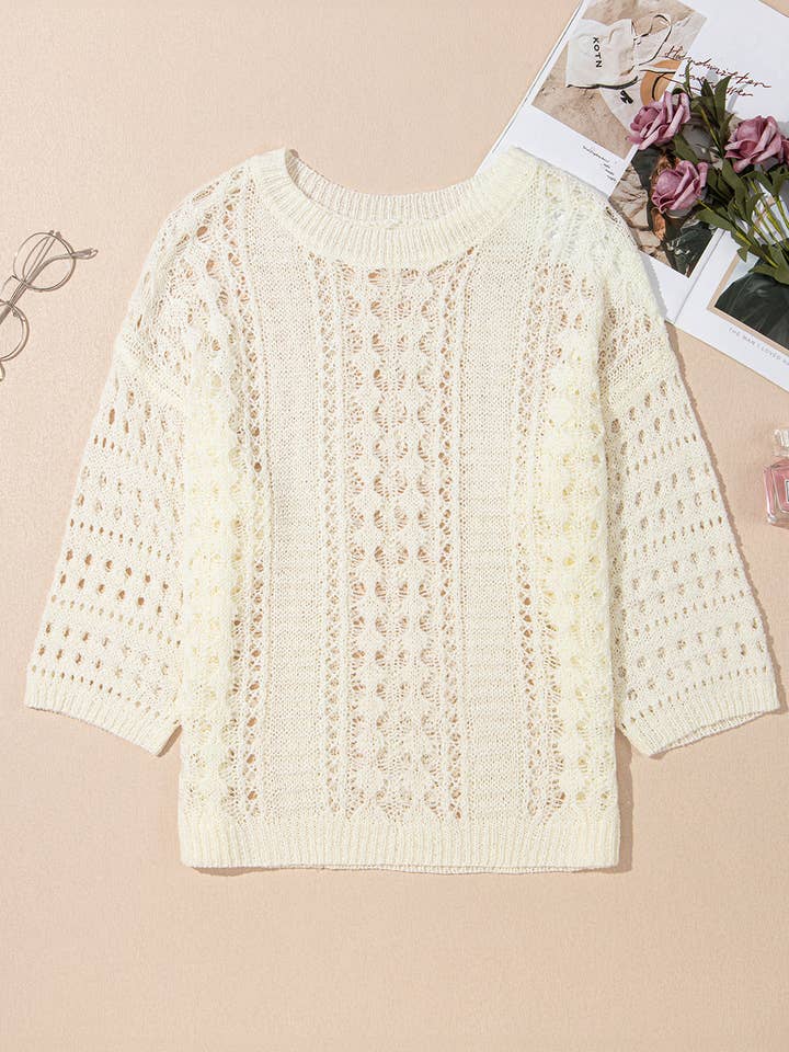 White Hollow Out Knit Bracelet Sleeve Drop Shoulder Sweater for wholesale on Faire