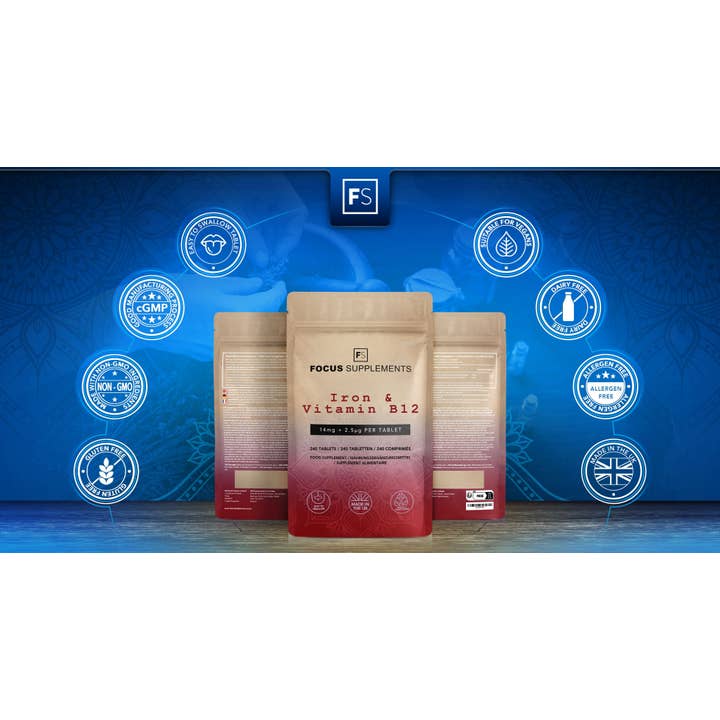 Focus Supplements – Engroshandel Kosttilskud og vitaminer – Jern & B12 (14 mg + 2,5 µg) 240 tabletter