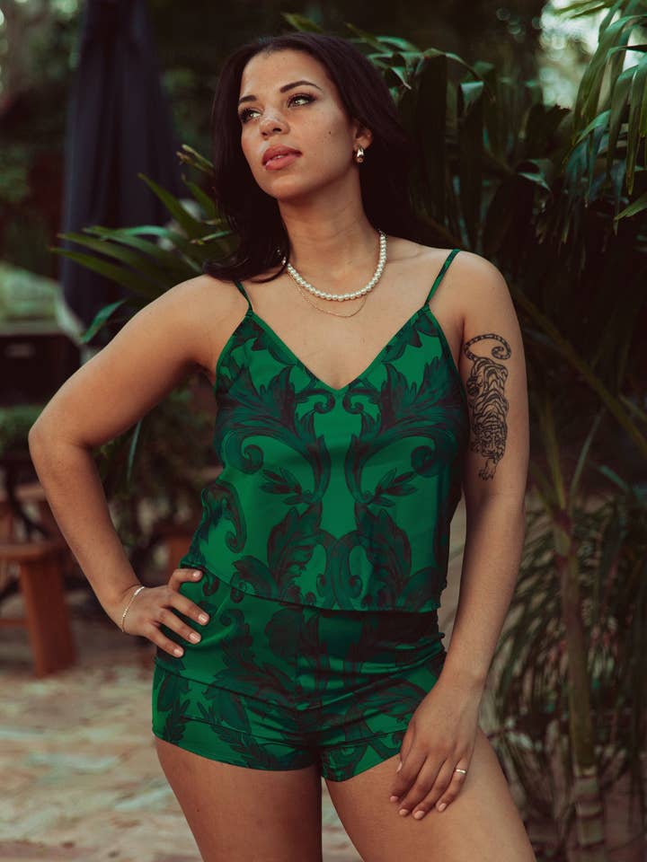 Kilo Brava – wholesale Lounge set – Women's – EMERALD SATIN CAMI & SHORTS SET4