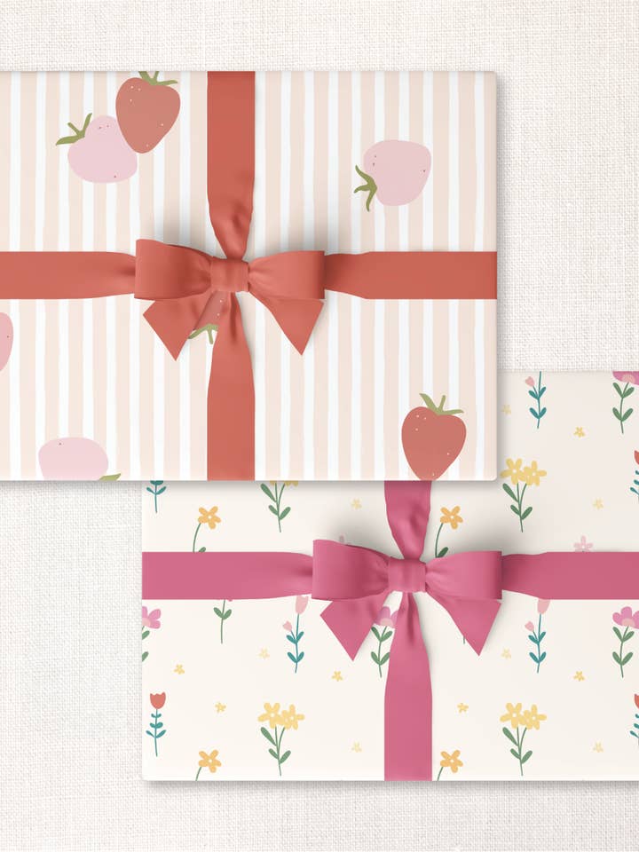 roll of 3: strawberries + lakehouse floral double-sided wrap for wholesale by Urbanic Goods