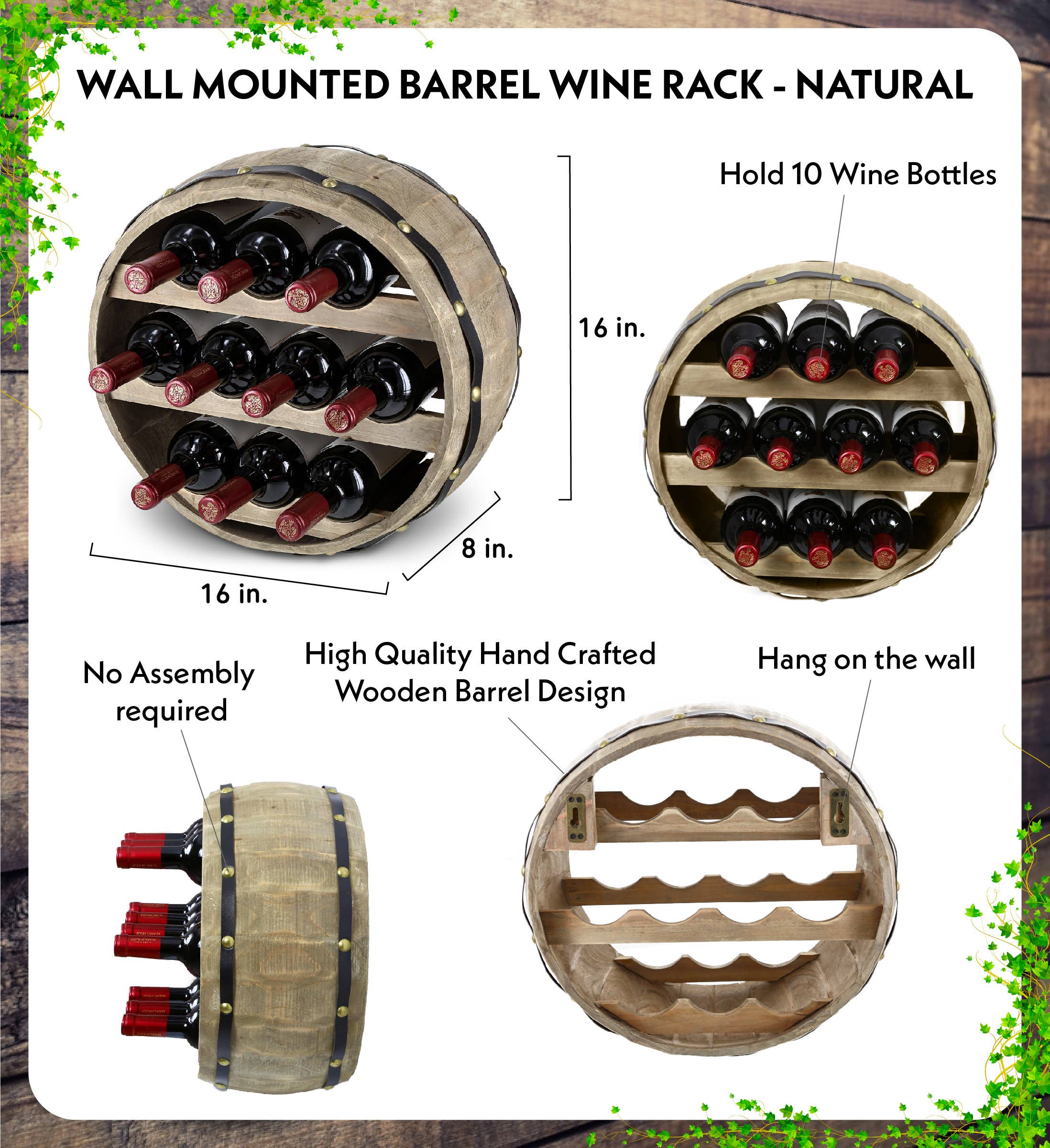 Cota Global - Wholesale Wine Rack - Natural Wood Industrial Barrel Wine Rack - 10 Bottles1