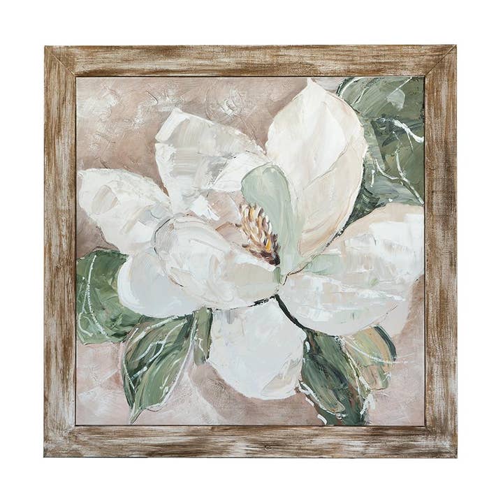 39,5x39,5x1,2" Handgemaltes Weißes Magnolienkunstwerk Holzrahmen für den Großhandel von A&B Home Group Inc.