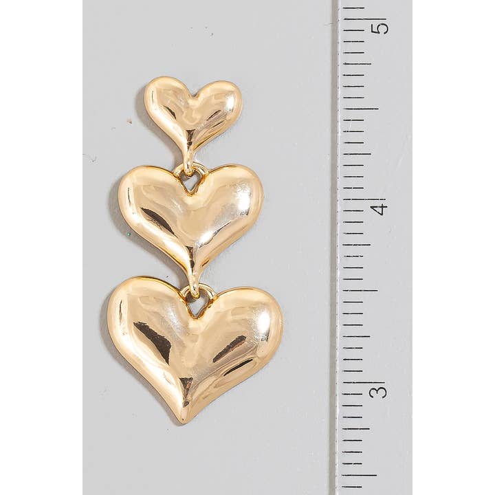 G Triple Metallic Heart Chain Dangle Earrings for wholesale on Faire