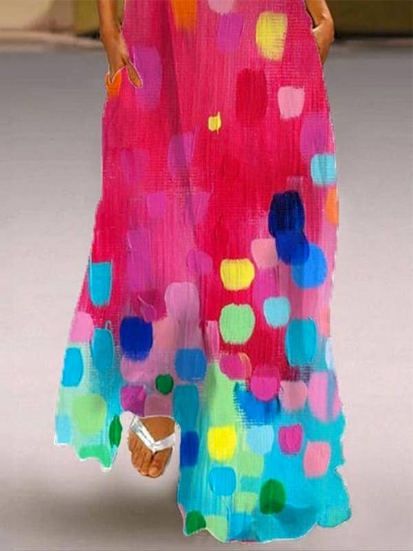 COLORFUL Loose Sleeveless Contrast Color Printed V-Neck Maxi Dresses for wholesale on Faire