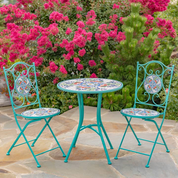Zaer Ltd. International - Wholesale Patio Set - "Baton Rouge" Mosaic Bistro Set - 3PC/Set- Blue, Green & Red