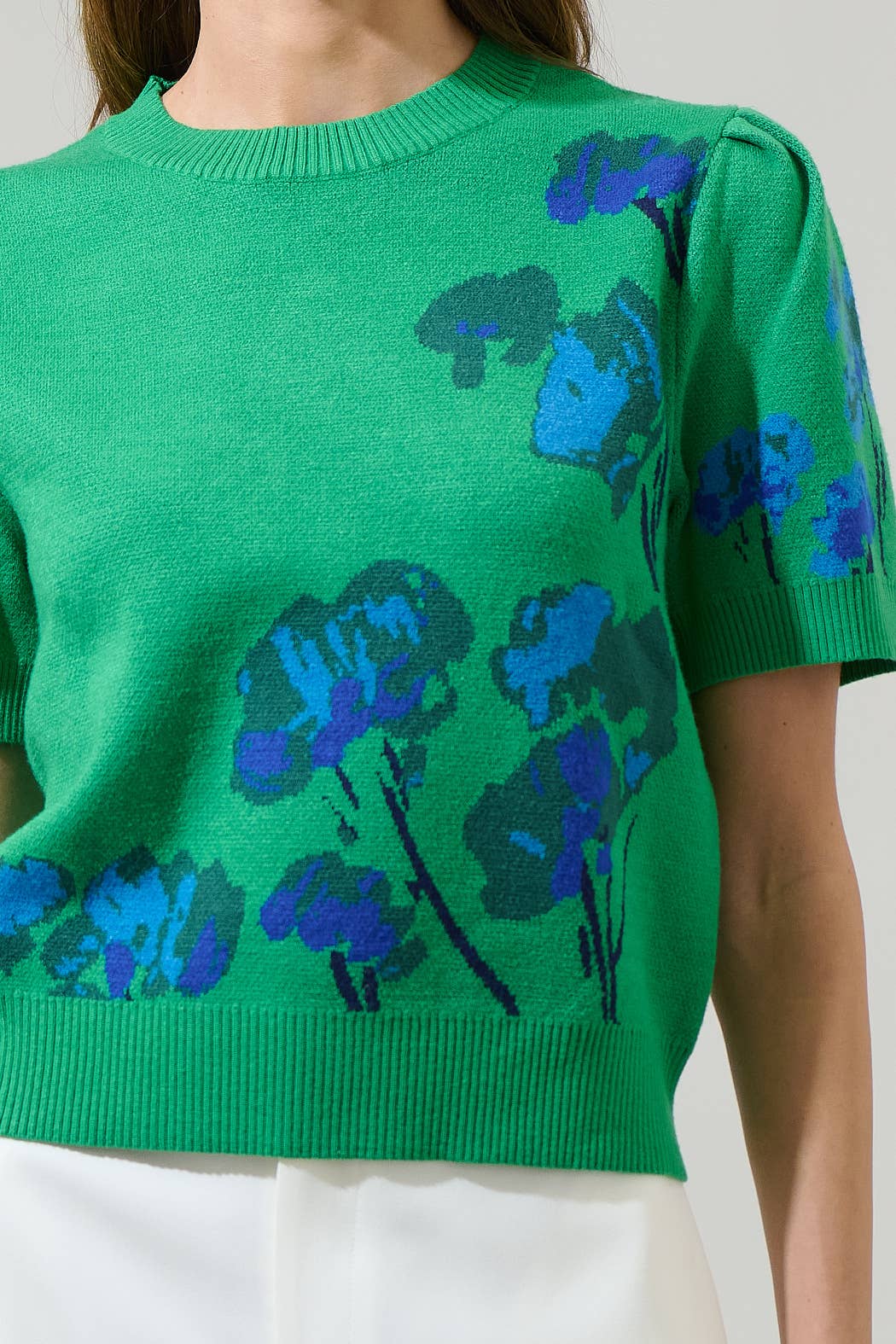 Kelly Green Kersey Floral Pleated Short Sleeve Sweater Top for wholesale on Faire4