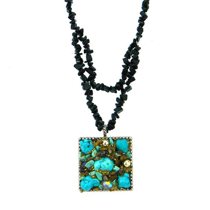 NKS160503-08 TQ Chips, with Nature Stone Gluded on Square Metal Base Pendant for wholesale by Western Elite Jewelry