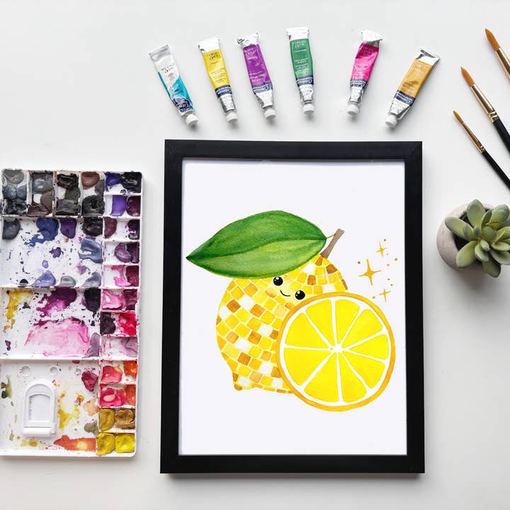 Disco Citron Akvarel Print – Gul Frugt Vægkunst for engroshandel hos Owlfeathers Watercolor