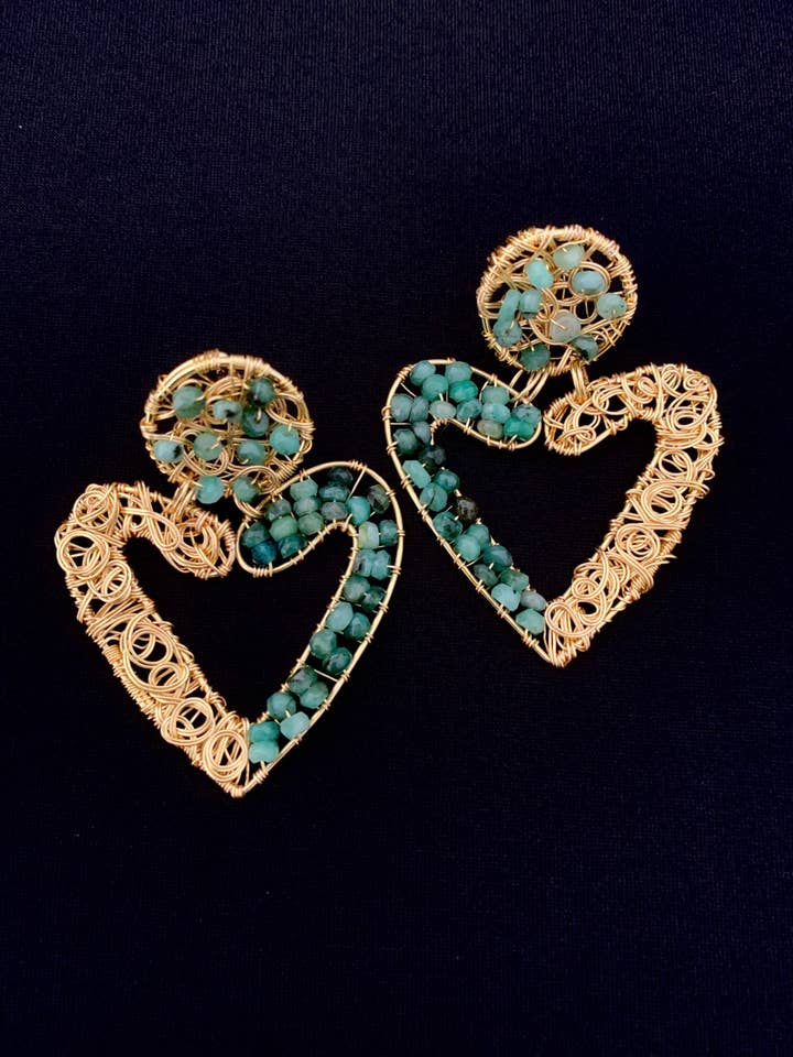 Emerald heart earrings in gold plated! for wholesale by Diana Wingert Jewelry