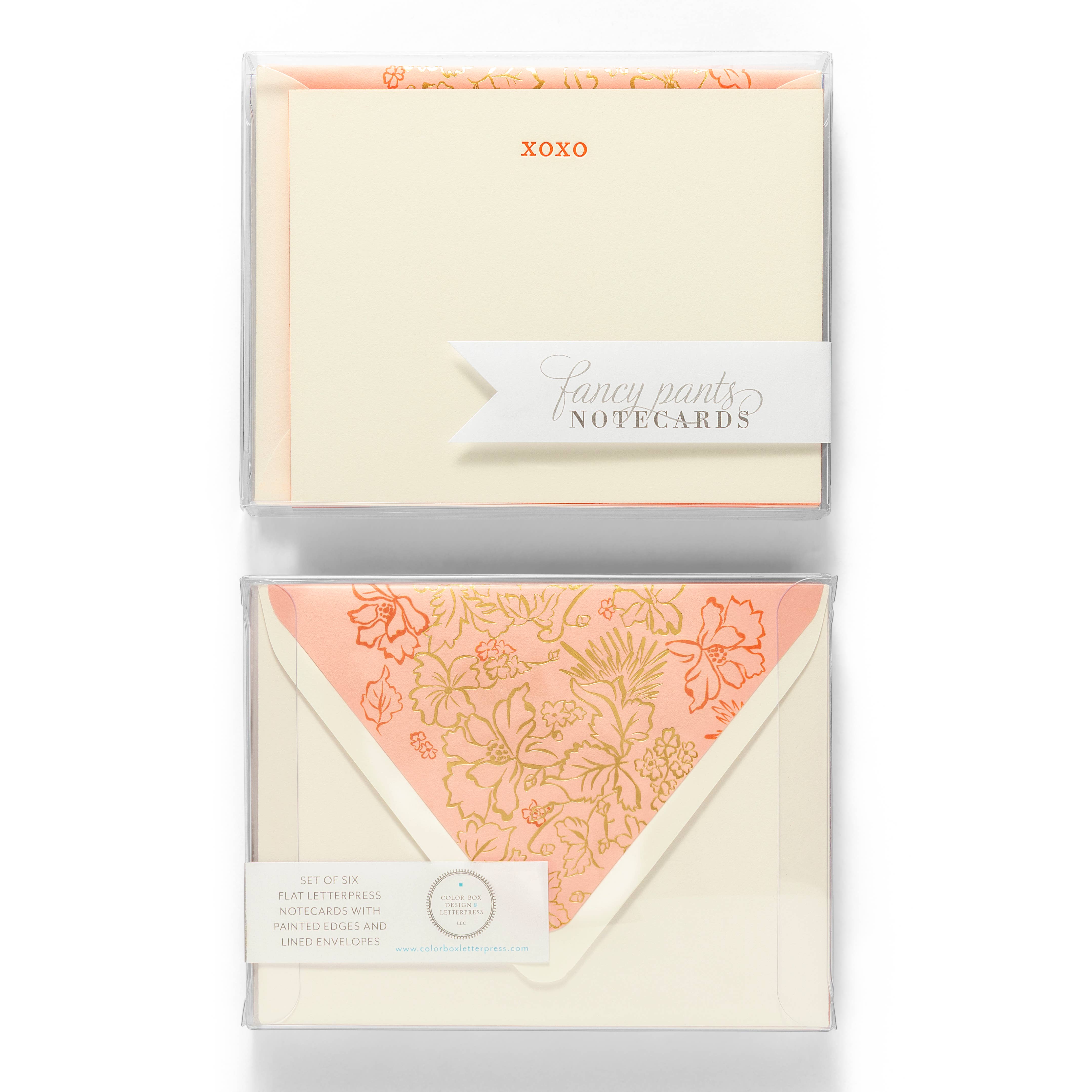 Color Box Design & Letterpress – wholesale Kontorsmateriel/Notecard Set – XOXO | Fancy Pants brevpapper med boktryck och målade kanter2