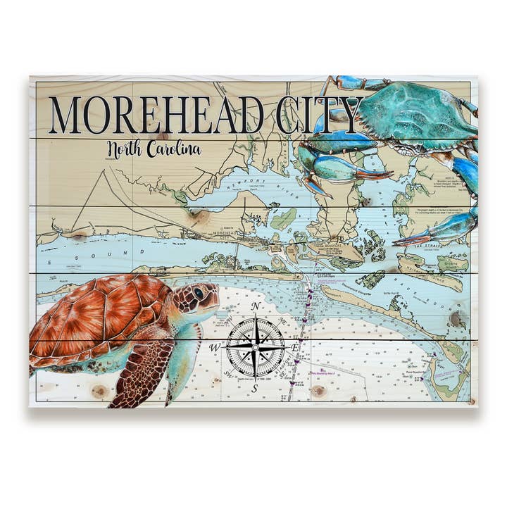 Morehead City, NC 18x24 Wood Pallet Map-Crab & Turtle for wholesale by Map Mom