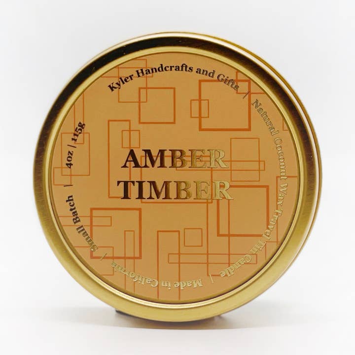 Vela de estaño de viaje Amber Timber de 4 oz para venta al por mayor de Kyler Handcrafts and Gifts