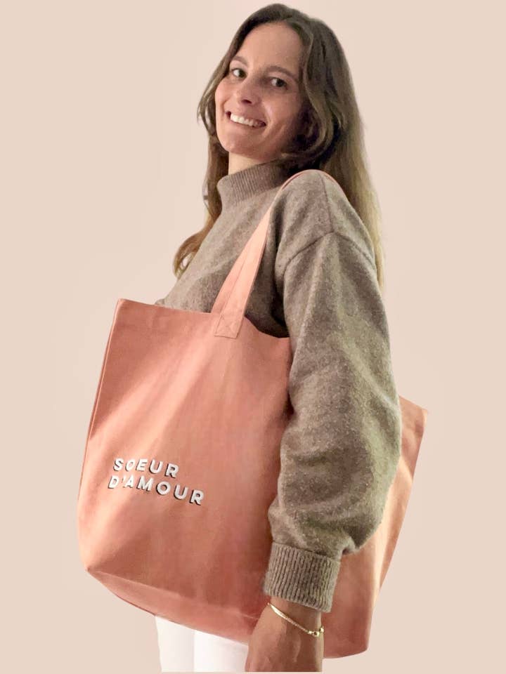 Embroidered shopping bag SISTER OF LOVE pink for wholesale by Family Impact Stories