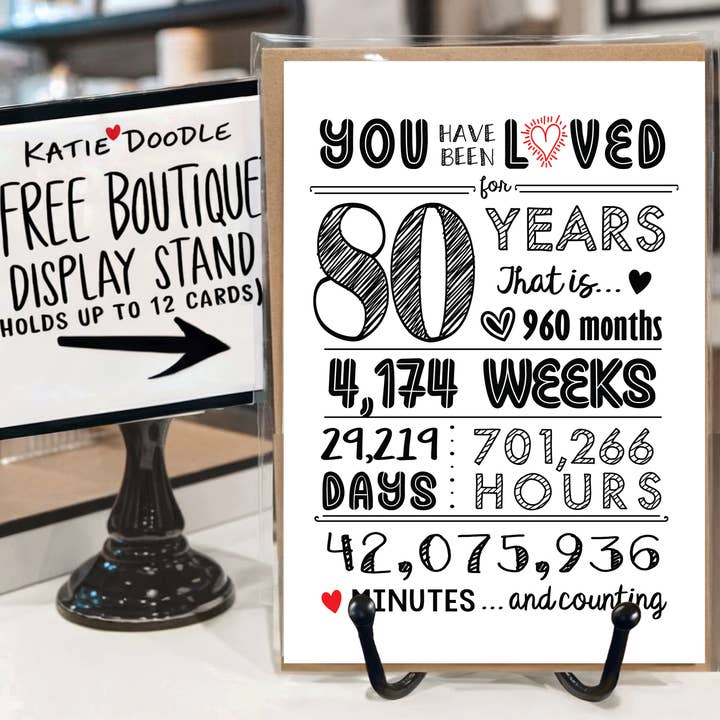 Biglietti di auguri per donne e uomini, unici, biglietti di auguri per 80° anniversario per la vendita all'ingrosso da parte di Katie Doodle | Boutique Greeting Cards & Birthday Gifts