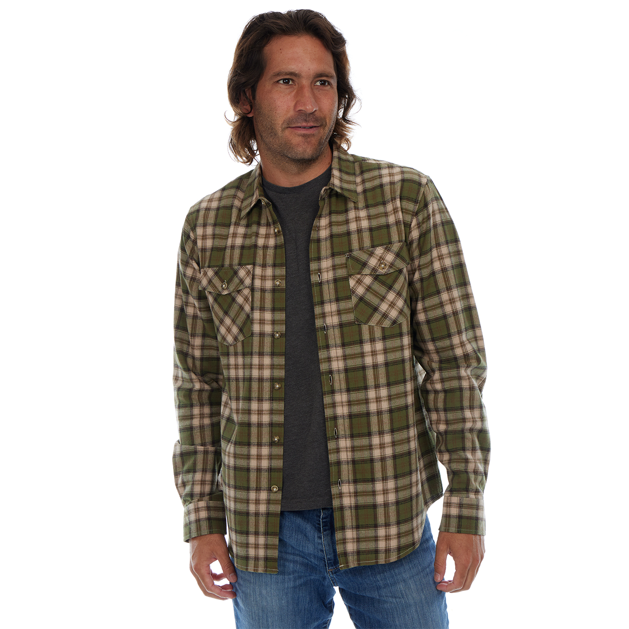 PX - Wholesale Button Down Shirt - Men's - Long Sleeve Flannel Plaid Front Pockets Shirt Lt Olive Khaki2