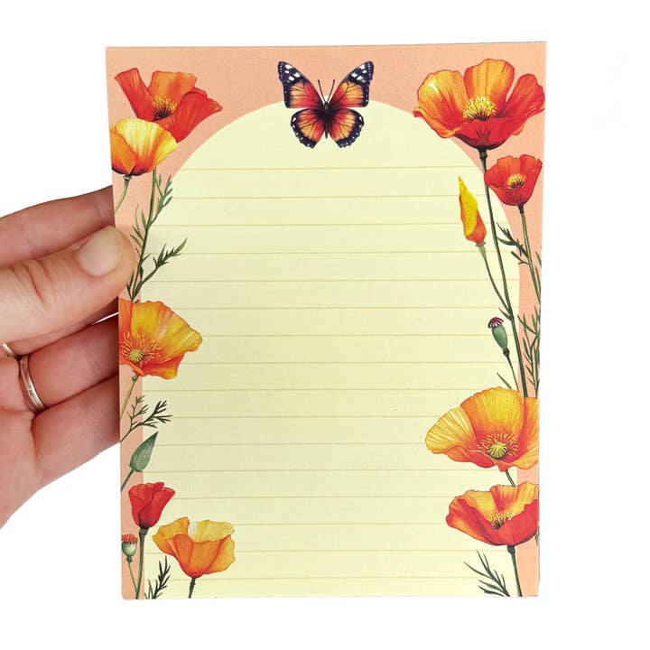 Poppy Flower Notepad, 50 sheets, 4.25" x 5.5" Stationery for wholesale by Art by Sharell